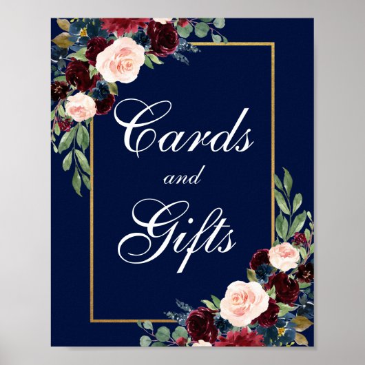 Blue Burgundy Gold Floral Wedding Cards Gifts Poster (Voorkant)