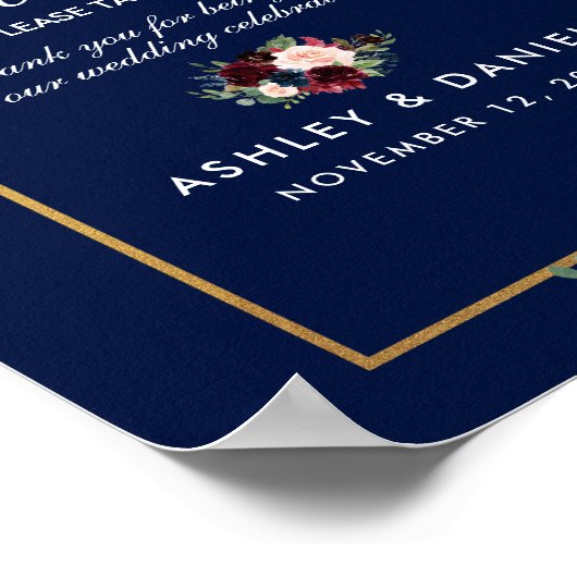 Blue Burgundy Gold Floral Wedding Favors Poster (Hoek)
