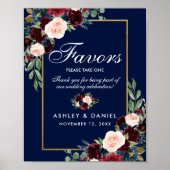 Blue Burgundy Gold Floral Wedding Favors Poster (Voorkant)