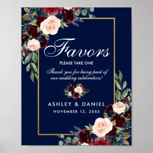 Blue Burgundy Gold Floral Wedding Favors Poster
