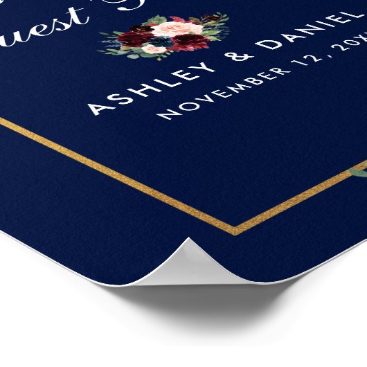 Blue Burgundy Gold Floral Wedding Guest Book Poster (Hoek)