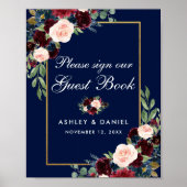 Blue Burgundy Gold Floral Wedding Guest Book Poster (Voorkant)