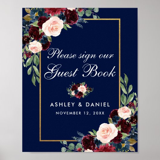 Blue Burgundy Gold Floral Wedding Guest Book Poster (Voorkant)