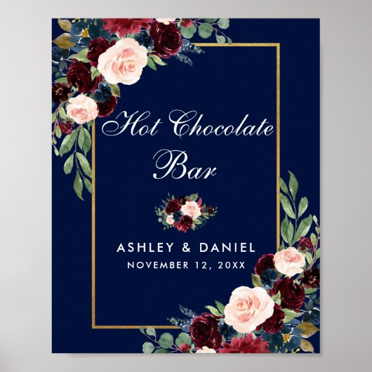 Blue Burgundy Gold Floral Wedding Hot Chocolate Poster (Voorkant)