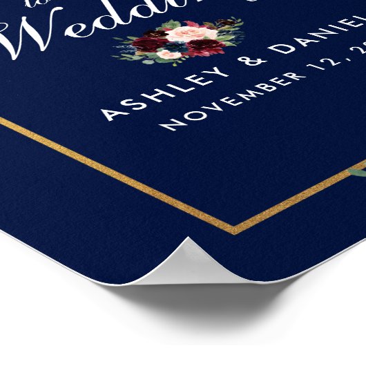Blue Burgundy Gold Floral Wedding Welcome Poster (Hoek)