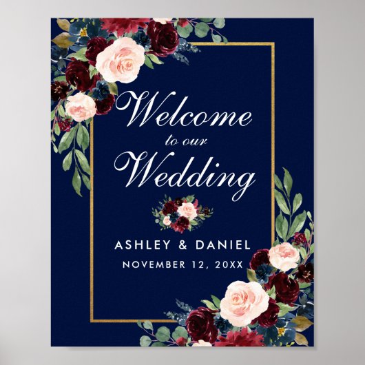 Blue Burgundy Gold Floral Wedding Welcome Poster (Voorkant)