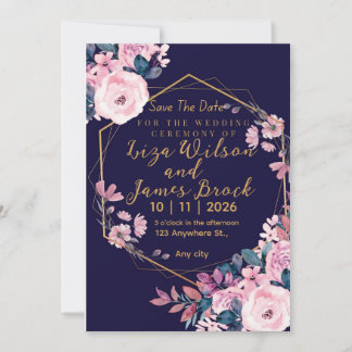 Blue Burgundy Navy Gold Blush Pink Wedding Kaart