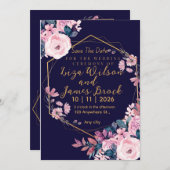 Blue Burgundy Navy Gold Blush Pink Wedding  Kaart (Voorkant / Achterkant)