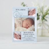 Blue Burlap Baby Birth Photos Announcement Kaart (Staand voorkant)
