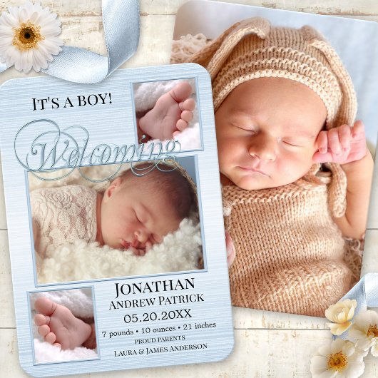 Blue Burlap Baby Birth Photos Announcement Kaart
