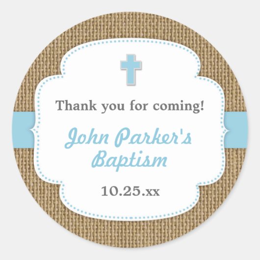 Blue Burlap cross boy doop doop gunst Ronde Sticker (Voorkant)