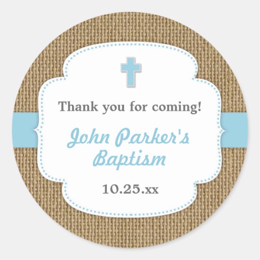 Blue Burlap cross boy doop gunst sticker (Voorkant)