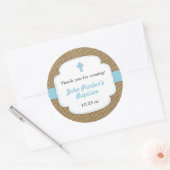 Blue Burlap cross boy doop gunst sticker (Envelop)