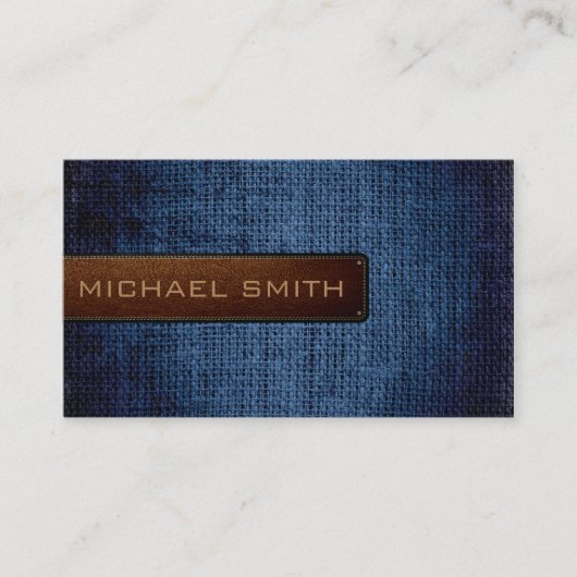 Blue Burlap Linen Rustic Jute look Leather Visitekaartje (Voorkant)