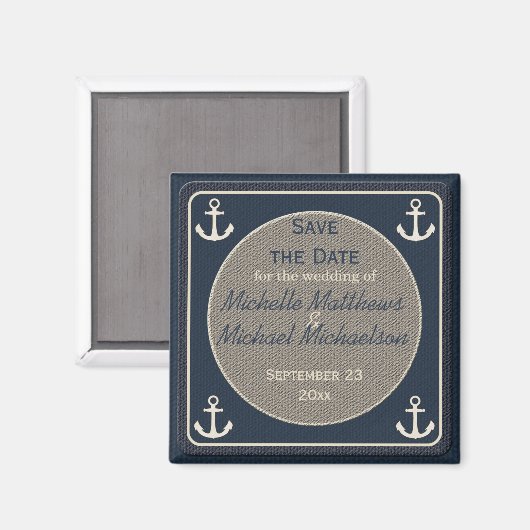 Blue Burlap Ship's Anchor Nautical Save the Date Magneet (Voorkant / Achterkant)