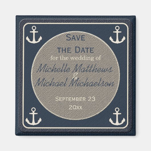 Blue Burlap Ship's Anchor Nautical Save the Date Magneet (Voorkant)
