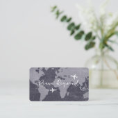 Blue Business Cards  with World Map and Planes Visitekaartje (Staand voorkant)