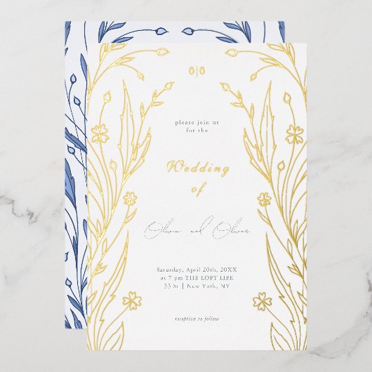 Blue Buttercup Wedding Folie Uitnodiging (Voorkant / Achterkant)