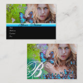 BLUE BUTTERFLES BEAUTY MAKEUP ARTIST monogram gree Visitekaartje (Voorkant / Achterkant)