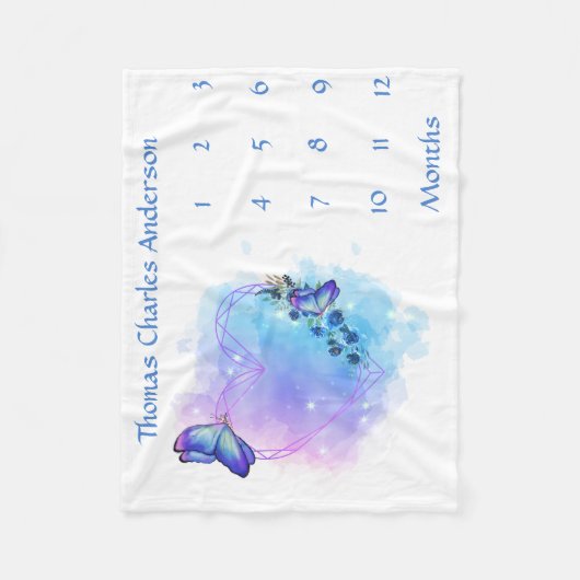 Blue Butterflies Baby Milestone Growth Tracker Fleece Deken (Voorkant)