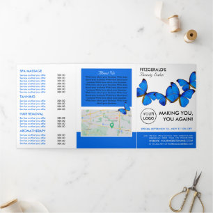 Blue Butterflies, Beauty Salon Tri-Fold Flyer Drieluik Uitnodiging