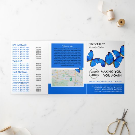 Blue Butterflies, Beauty Salon Tri-Fold Flyer Drieluik Uitnodiging (Buitenkant)
