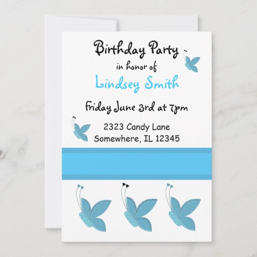 Blue Butterflies Birthday Uitnodiging (Voorkant)