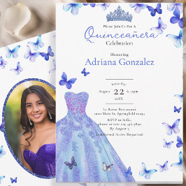 Blue Butterflies Dress Tiara Photo Quinceanera Kaart
