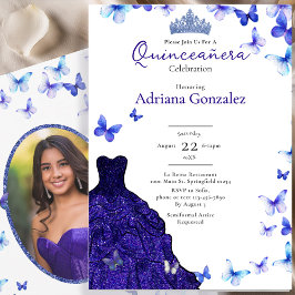 Blue Butterflies Dress Tiara Photo Quinceanera Kaart