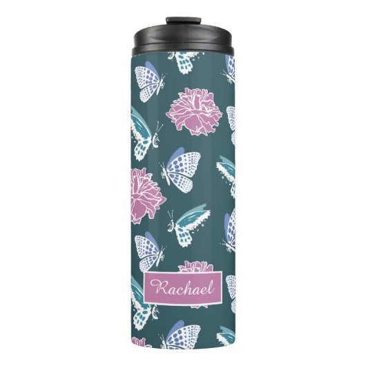 Blue Butterflies en roze rozen, gepersonaliseerd Thermosbeker (Voorkant)