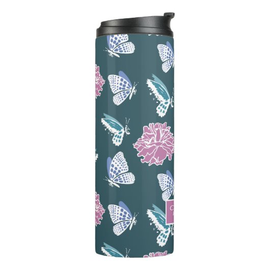 Blue Butterflies en roze rozen, gepersonaliseerd Thermosbeker (Gedraaid links)