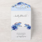 Blue Butterflies Gold Wedding All In One Uitnodiging (Buitenkant)
