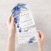 Blue Butterflies Gold Wedding All In One Uitnodiging (Afscheurbaar)
