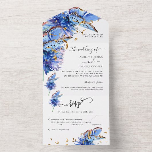 Blue Butterflies Gold Wedding All In One Uitnodiging (Binnen)