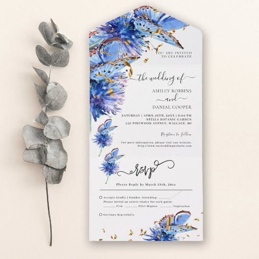 Blue Butterflies Gold Wedding All In One Uitnodiging