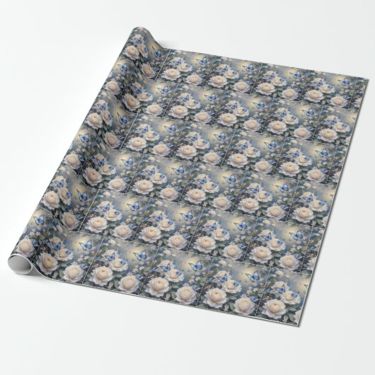 Blue Butterflies in a White Rose Garden Cadeaupapier (Uitgerold)