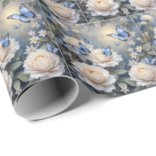 Blue Butterflies in a White Rose Garden Cadeaupapier (Rol Hoek)