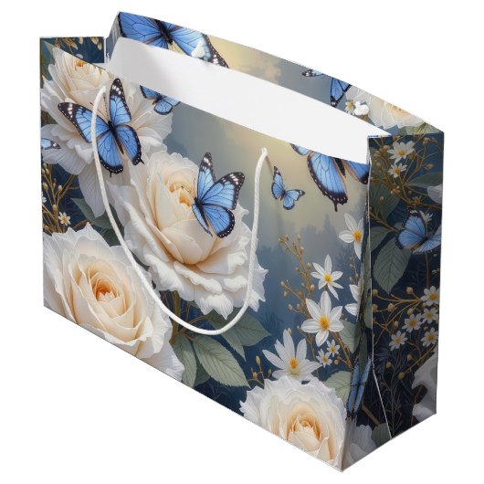 Blue Butterflies in a White Rose Garden Groot Cadeauzakje (Achterkant Gekanteld)