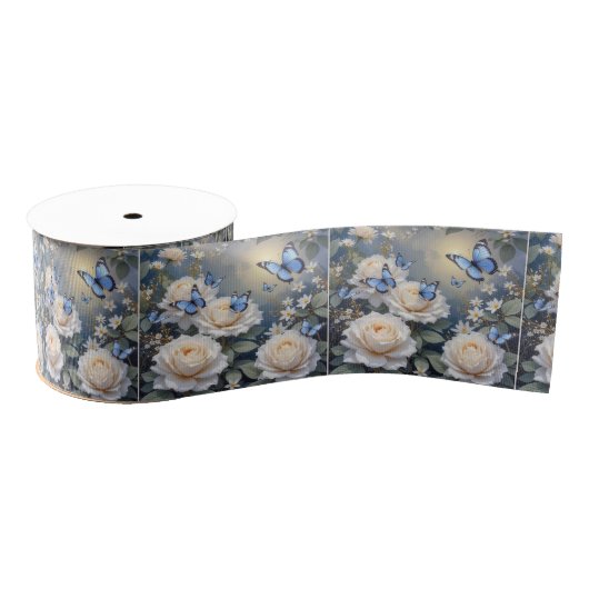 Blue Butterflies in a White Rose Garden Grosgrain Lint (Spoel)