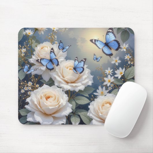 Blue Butterflies in a White Rose Garden Muismat (Met muis)