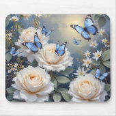 Blue Butterflies in a White Rose Garden Muismat (Voorkant)