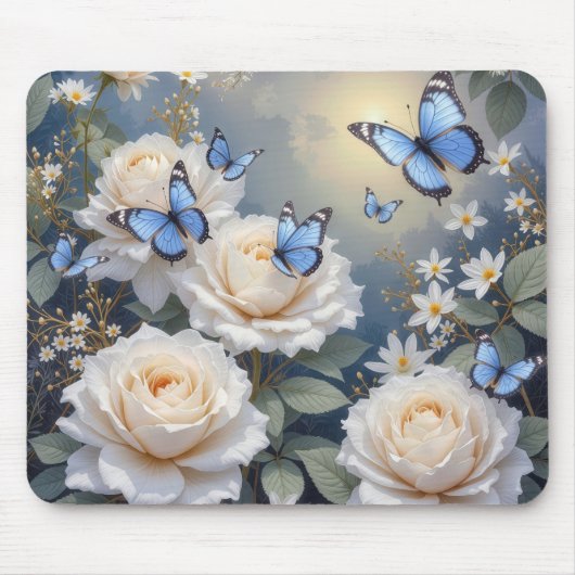 Blue Butterflies in a White Rose Garden Muismat (Voorkant)