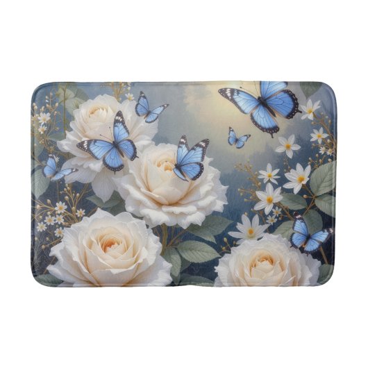 Blue Butterflies On White Roses and Daisies Badmat (Voorkant)