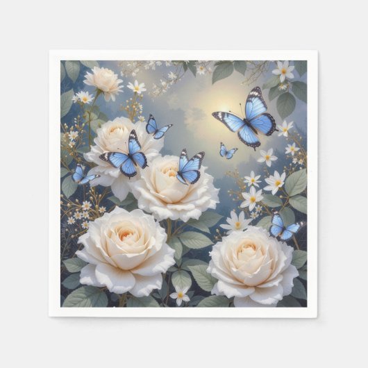 Blue Butterflies On White Roses and Daisies Servet (Voorkant)