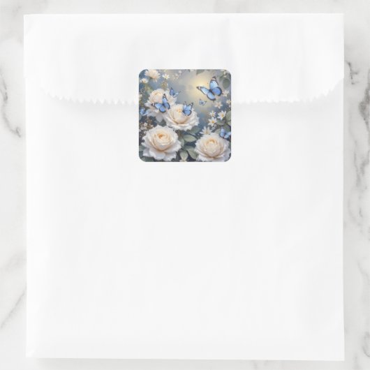 Blue Butterflies On White Roses and Daisies Vierkante Sticker (Tas)