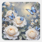 Blue Butterflies On White Roses and Daisies Vierkante Sticker (Voorkant)