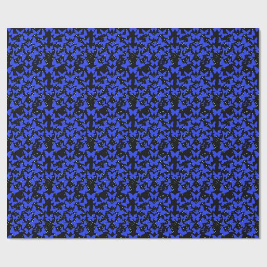 Blue Butterflies Pattern C01.b Black BG Cadeaupapier (Vlak)