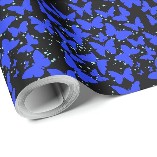 Blue Butterflies Pattern C01.b Black BG Cadeaupapier (Rol Hoek)