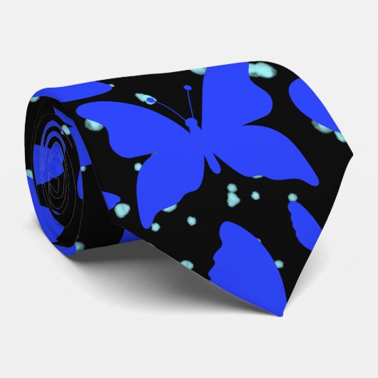 Blue Butterflies Pattern C01.b Black BG Stropdas (Opgerold)