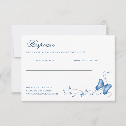 Blue Butterflies & Swirls Quinceanera RSVP-kaart RSVP Kaartje (Voorkant)
